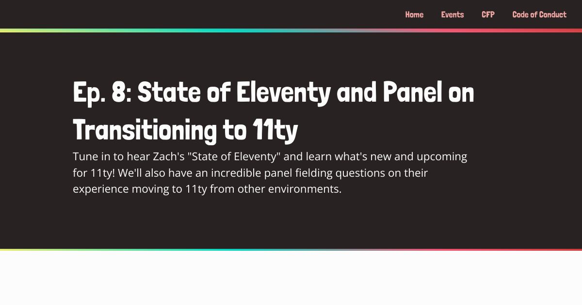 Screenshot image for https://screenshot.11ty.app/https%3A%2F%2F11tymeetup.dev%2Fevents%2Fep-8-state-of-the-possumverse-and-panel-on-transitioning-to-11ty%2F/opengraph/