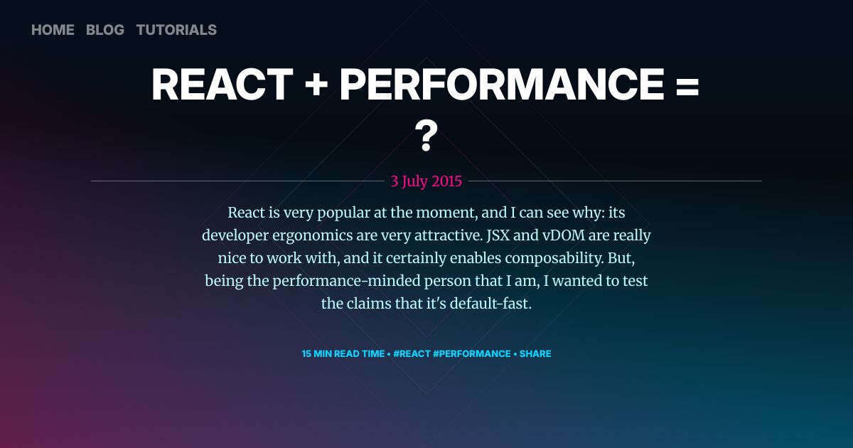 Screenshot image for https://screenshot.11ty.app/https%3A%2F%2Faerotwist.com%2Fblog%2Freact-plus-performance-equals-what%2F/opengraph/