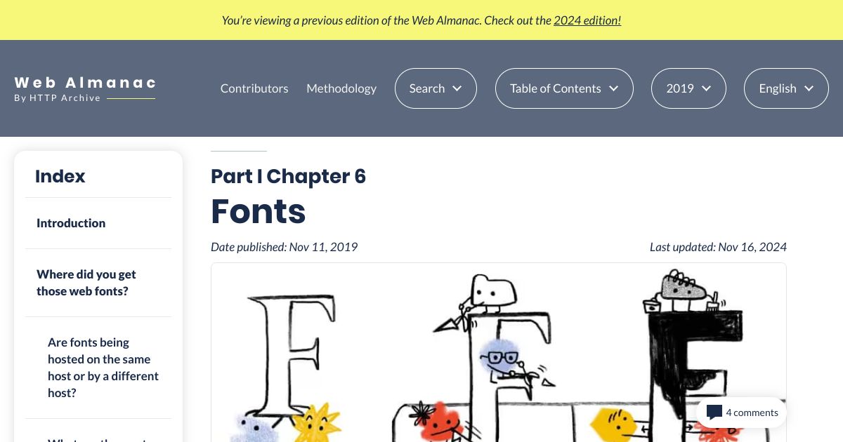 Screenshot image for https://screenshot.11ty.app/https%3A%2F%2Falmanac.httparchive.org%2Fen%2F2019%2Ffonts/opengraph/