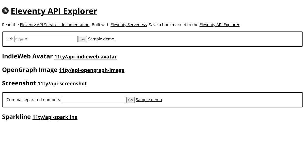 Screenshot image for https://screenshot.11ty.app/https%3A%2F%2Fapi-explorer.11ty.dev%2F/opengraph/