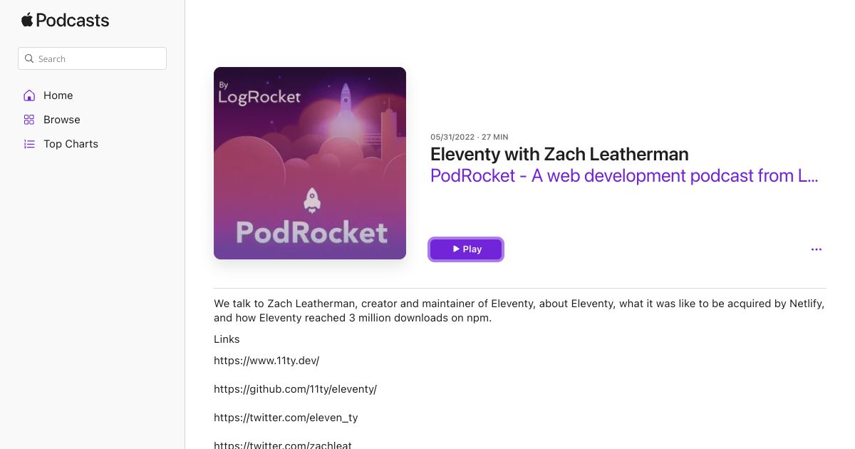 Screenshot image for https://screenshot.11ty.app/https%3A%2F%2Fpodcasts.apple.com%2Fus%2Fpodcast%2Feleventy-with-zach-leatherman%2Fid1539945251%3Fi%3D1000564676022/opengraph/