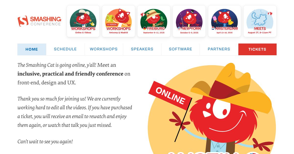 Screenshot image for https://screenshot.11ty.app/https%3A%2F%2Fsmashingconf.com%2Faustin-2020%2F/opengraph/