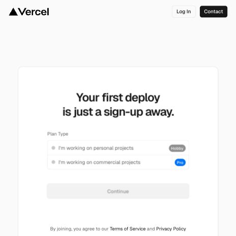 Screenshot of https://vercel.com/signup