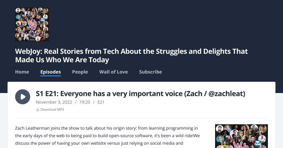 Screenshot image for https://screenshot.11ty.app/https%3A%2F%2Fwebjoy.fm%2Fepisodes%2Fs1-e21-everyone-has-a-very-important-voice-zach-zachleat/opengraph/