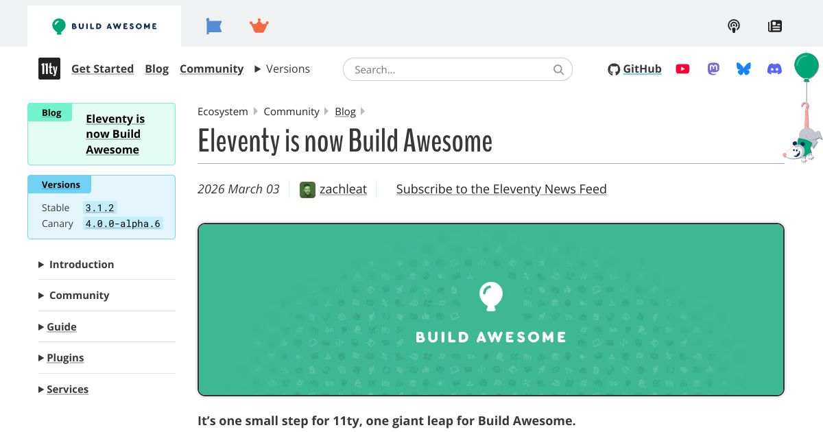 Screenshot image for https://screenshot.11ty.app/https%3A%2F%2Fwww.11ty.dev%2Fblog%2Fbuild-awesome%2F/opengraph/