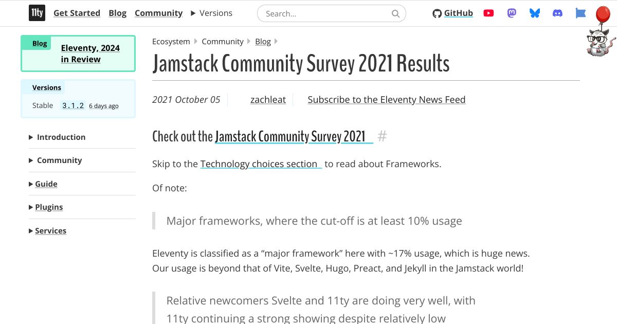 Screenshot image for https://screenshot.11ty.app/https%3A%2F%2Fwww.11ty.dev%2Fblog%2Fjamstack-survey-2021%2F/opengraph/