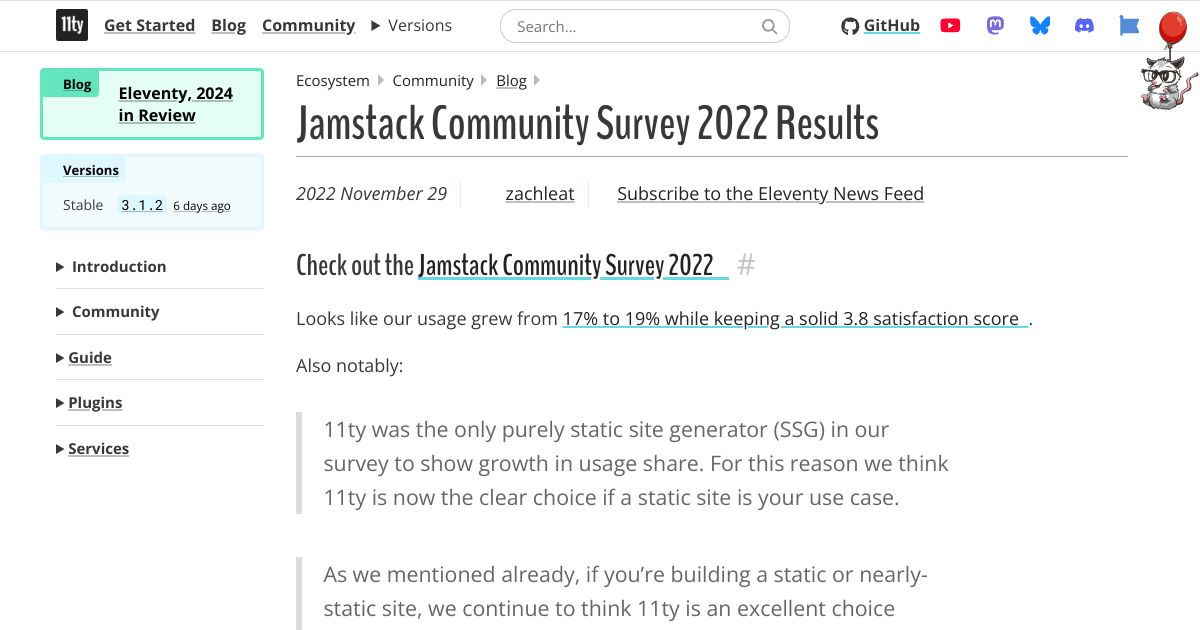 Screenshot image for https://screenshot.11ty.app/https%3A%2F%2Fwww.11ty.dev%2Fblog%2Fjamstack-survey-2022%2F/opengraph/