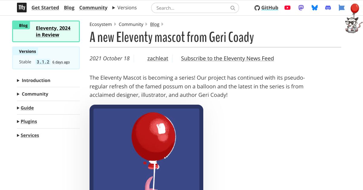 Screenshot image for https://screenshot.11ty.app/https%3A%2F%2Fwww.11ty.dev%2Fblog%2Fnew-mascot-from-geri-coady%2F/opengraph/