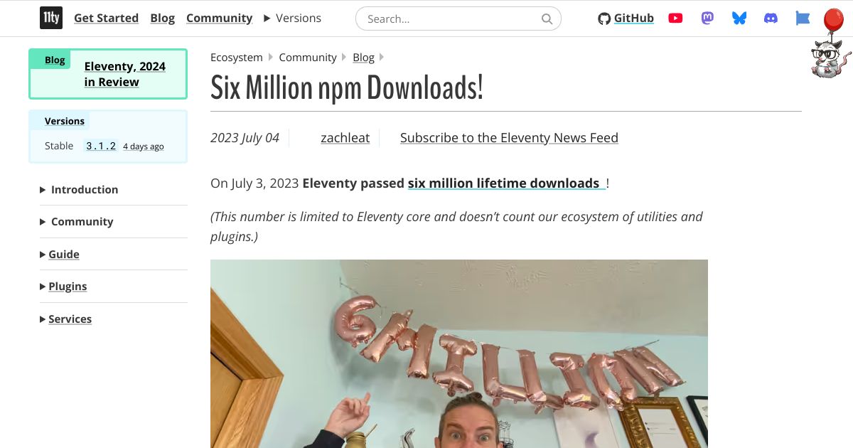 Screenshot image for https://screenshot.11ty.app/https%3A%2F%2Fwww.11ty.dev%2Fblog%2Fsix-million%2F/opengraph/
