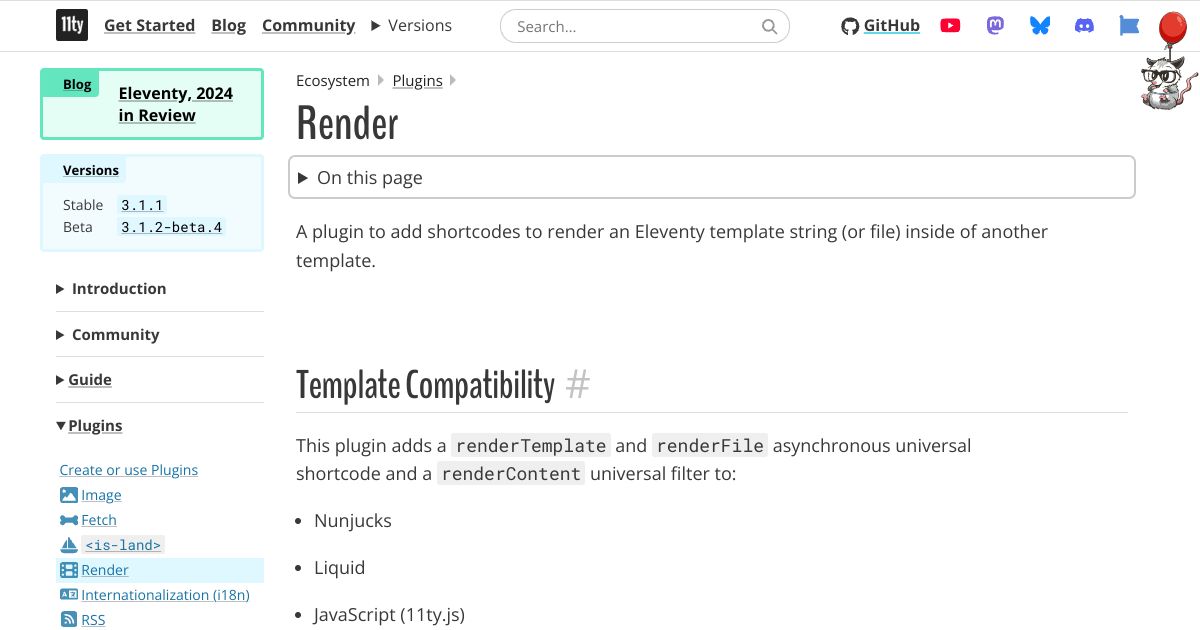Screenshot image for https://screenshot.11ty.app/https%3A%2F%2Fwww.11ty.dev%2Fdocs%2Fplugins%2Frender%2F/opengraph/