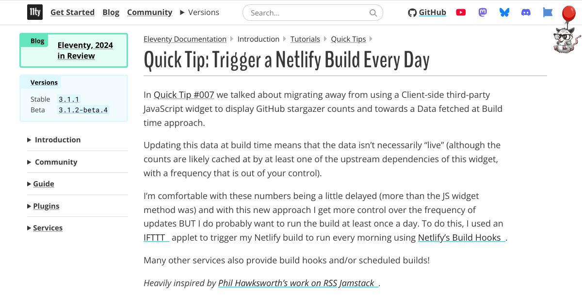Screenshot image for https://screenshot.11ty.app/https%3A%2F%2Fwww.11ty.dev%2Fdocs%2Fquicktips%2Fnetlify-ifttt%2F/opengraph/