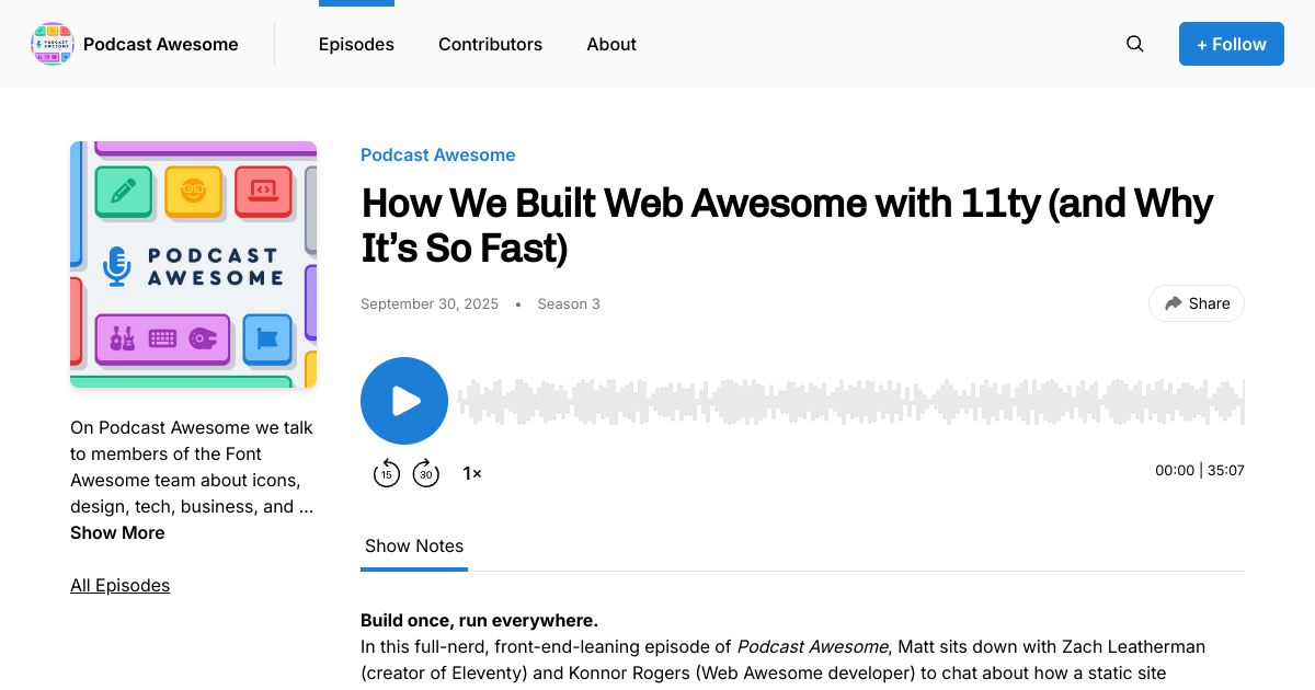 Screenshot image for https://screenshot.11ty.app/https%3A%2F%2Fwww.podcastawesome.com%2F2092855%2Fepisodes%2F17268471-how-we-built-web-awesome-with-11ty-and-why-it-s-so-fast/opengraph/