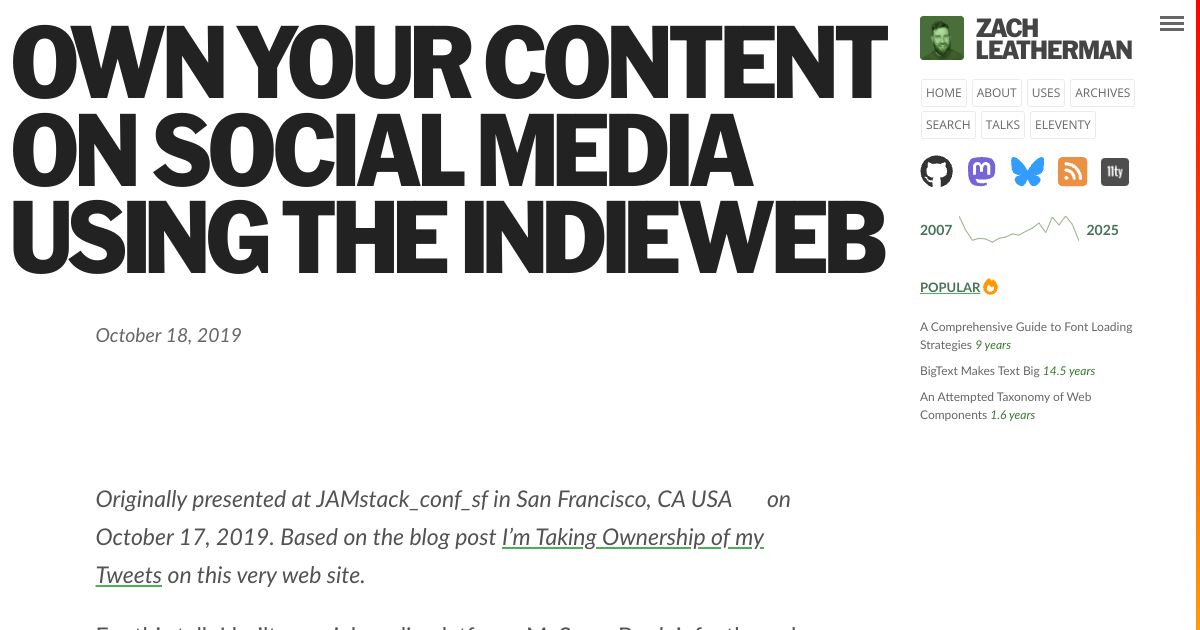 Screenshot image for https://screenshot.11ty.app/https%3A%2F%2Fwww.zachleat.com%2Fweb%2Fown-your-content%2F/opengraph/