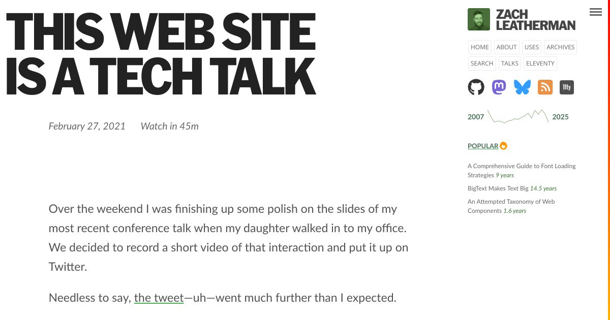 Screenshot image for https://screenshot.11ty.app/https%3A%2F%2Fwww.zachleat.com%2Fweb%2Fthis-website-is-a-tech-talk%2F/opengraph/